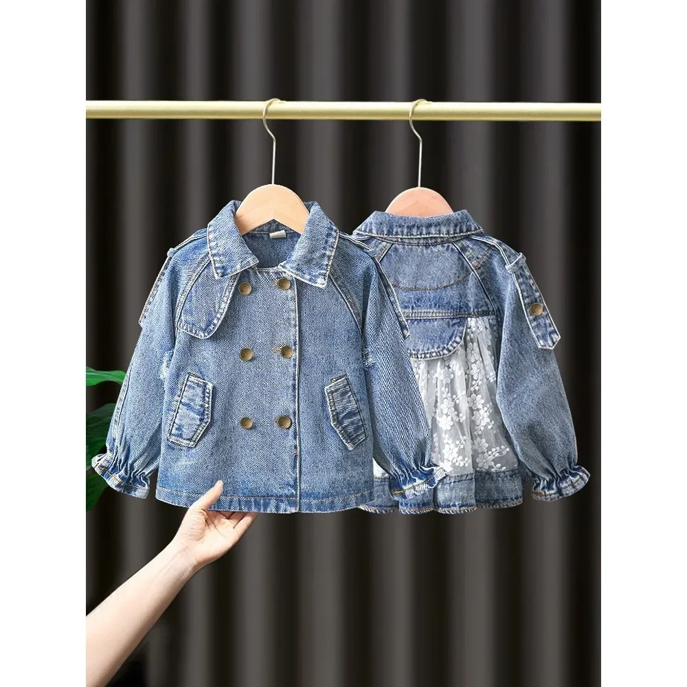 2024 New Girls Denim Jacket Spring and Autumn Clothes Children\'s Fashionable Korean Style Baby Girl Embroidered Lace Top