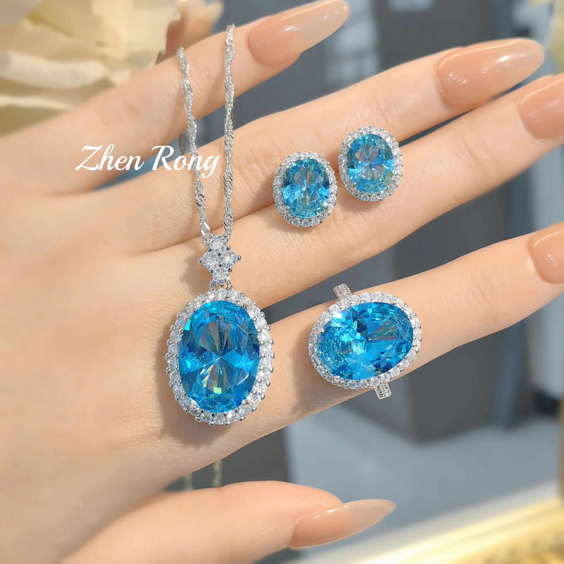

Heavy Industry Pigeon Egg Necklace Sea Blue High Carbon Diamond Earstuds Pink Zircon Ring Banquet Jewelry Set