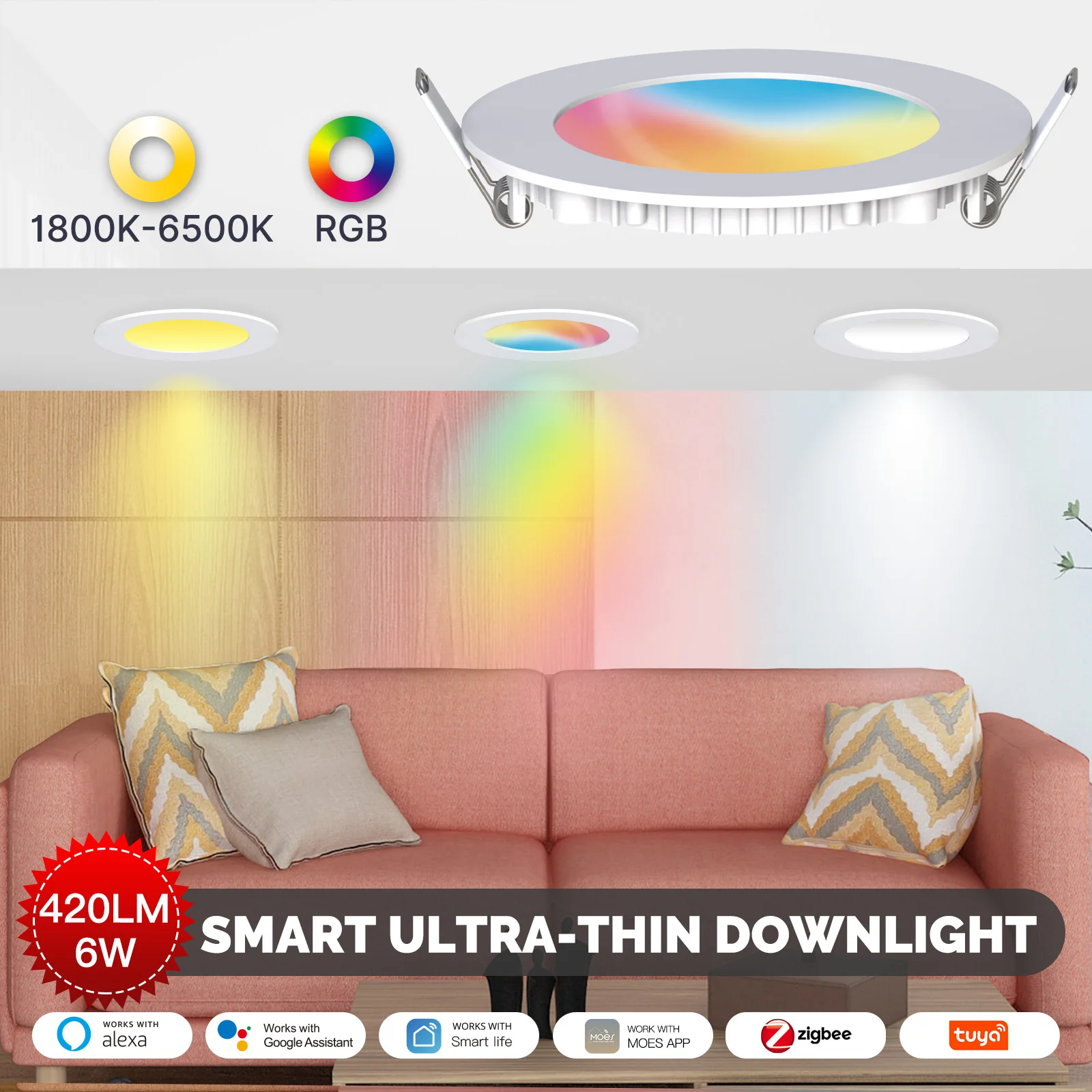 

MOES ZigBee Downlight Tuya Thin Dimming Spot Lamp 6W RGB Change Warm Cool Light Work with Alexa Google Home Smart Life In Party