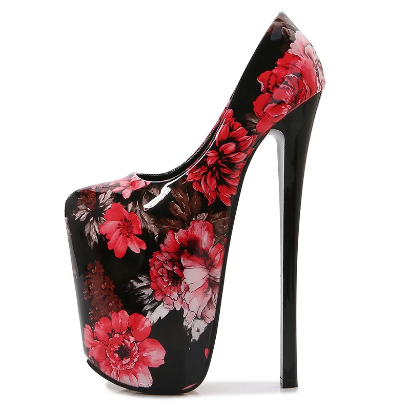 Caca 22Cm Hoge Hakken, Vrouwen Platform Pumps,Sexy Podiumshow Pole Danceshoes, Ronde Neus, Slip On, Bloemenprint, Blauw, Rood, Big Size 50