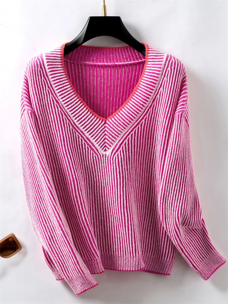 Fashion Women's Fall Sweater V Neck Striped Casual Long Sleeve Loose Pullover Knit Blouse Tops Oversized Women Knitted Tops