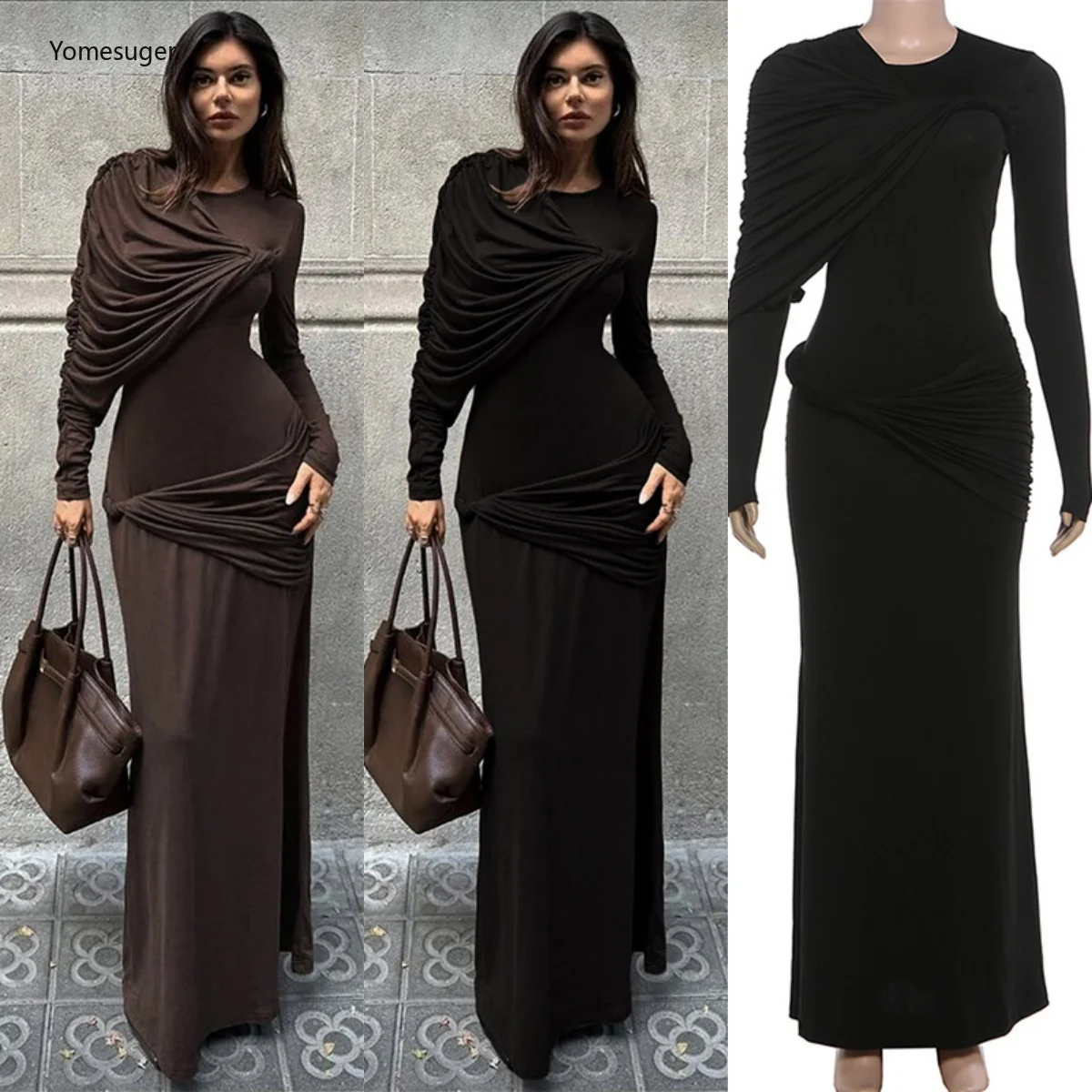 Yomesugar-Vestido largo de retales con pliegues irregulares para fiesta de año nuevo, ropa de discoteca, vestidos ceñidos elegantes de manga larga con cuello redondo 2026