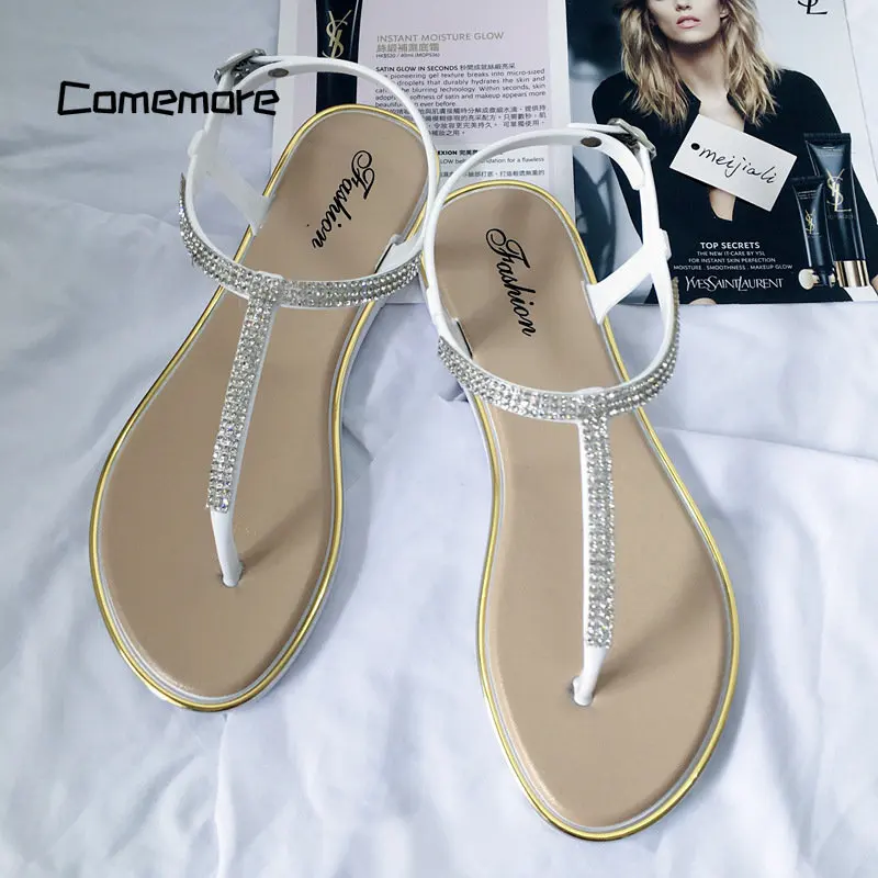 Comemore Women Summer Flat-heeled Shoes Open Toe Flip Flops Buckle Leather Roman Sandal Female Yellow 2023 Beach Thong Sandals