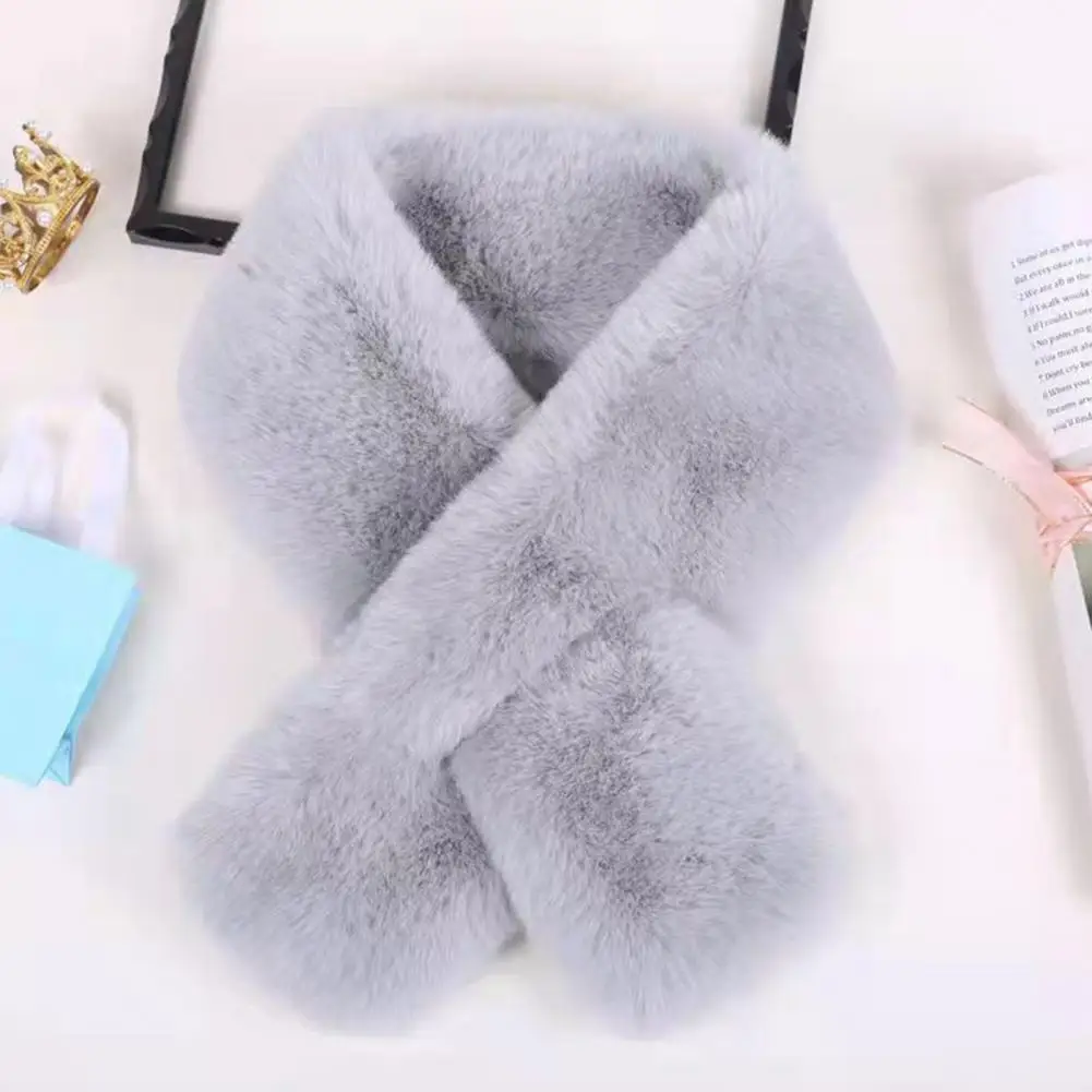 Cross Scarf Faux Rabbit Fur Thickened Soft Cozy Plush Cold Resistant Solid Color Autumn Winter Women Neck Warmer Collar Scarf