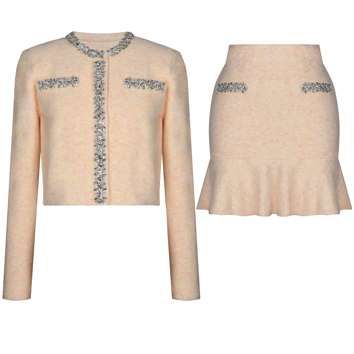

High Quality And Fashionable New Elastic Knitted Round Neck Luxury Nail Bead Cardigan Fish Tail Short Skirt Cashmere Women's Set