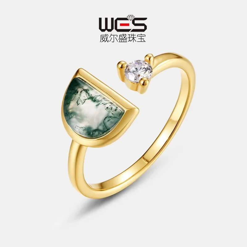 Geometric Natural Green Moss Stone Ring for Women 18K Gold Inlaid with Colored Baby Stone PT950 Platinum Agate Agate