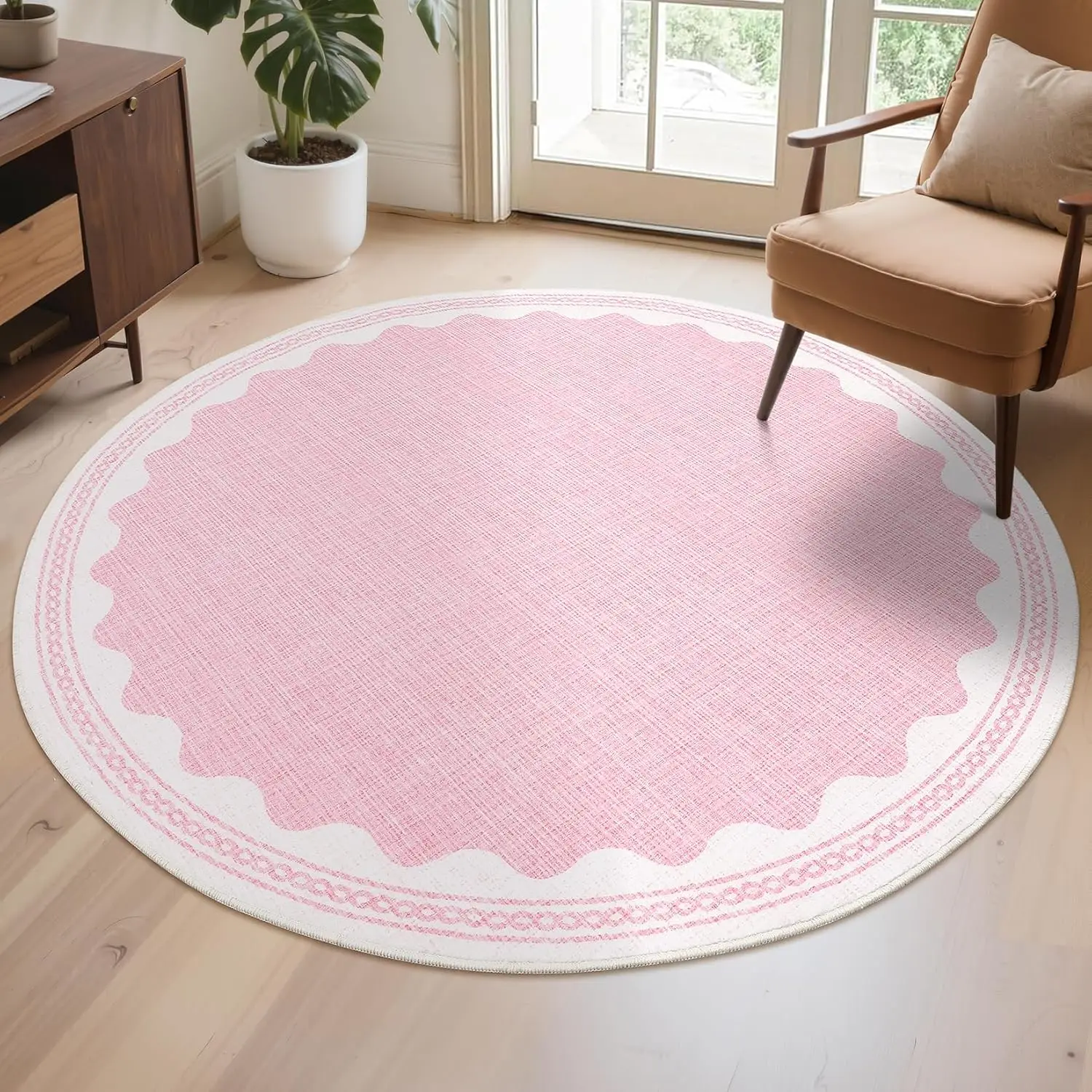 Round Pink Fan-shaped Edge Elegant Texture Carpet Mat for Home Decoration Soft Anti Slip Mat for Living Room and Bedroom Rug