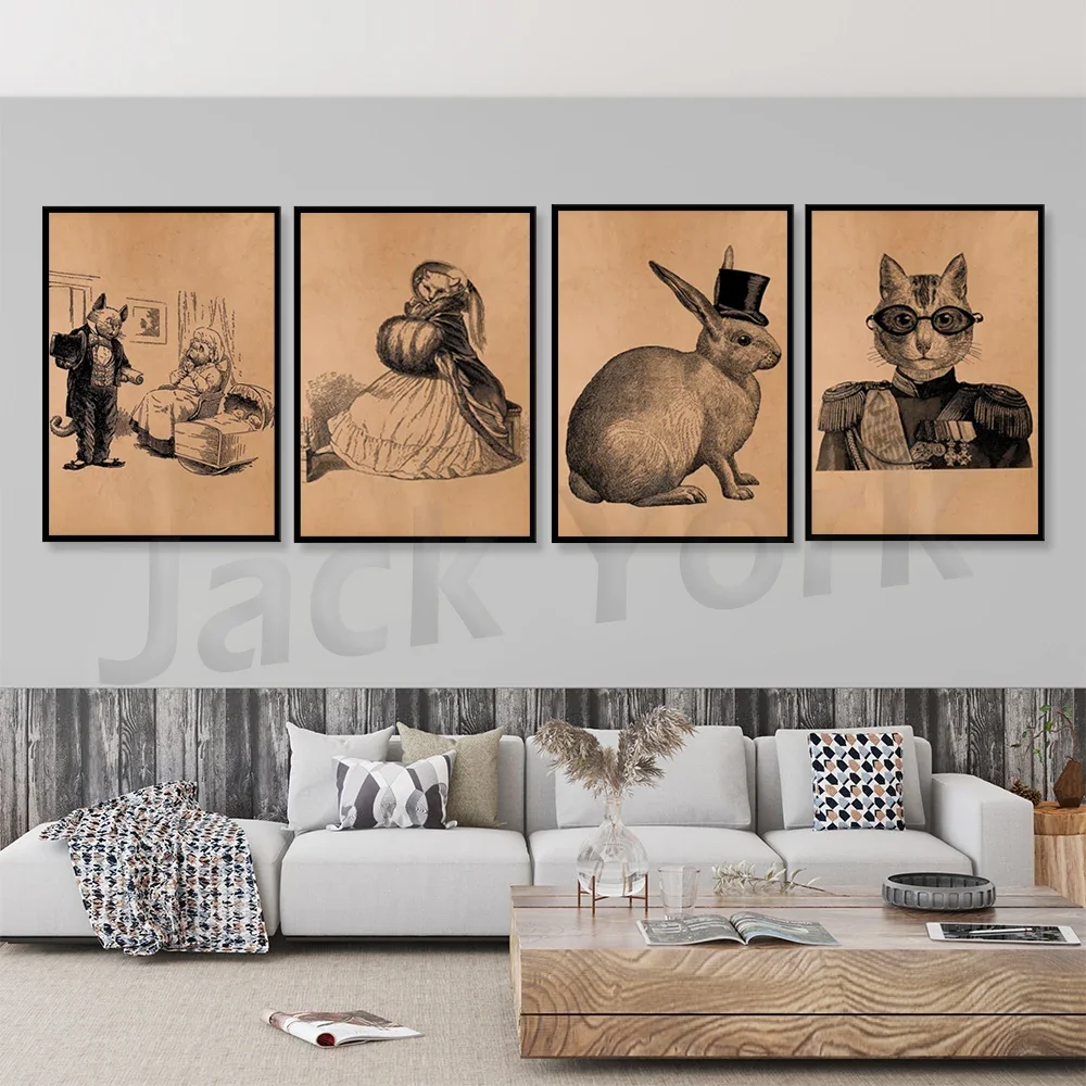 Cat poster decor folk art cat Vintage decor Antique animal print Nursery decor Steampunk wall art funky prints