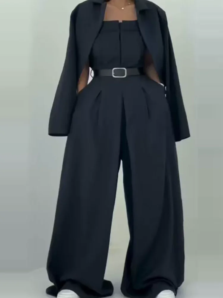 2025 Retro Gestreepte Sexy Mouwloze Jumpsuits Vrouwen Lente Herfst Casual Speelpakjes Wijde Pijpen Broek Set Dames Elegante Jas Pakken