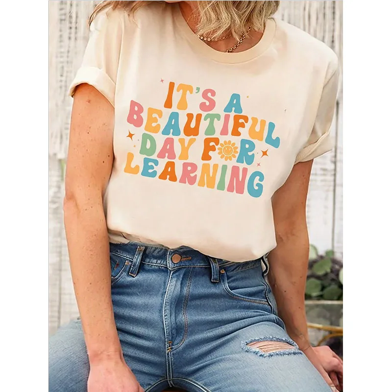 

Women's Casual Minimalist Teacher's Day "It's A Beautiful Day" Print T Shirt Round Neck Short Sleeve T-Shirt Mange Vintage Tops