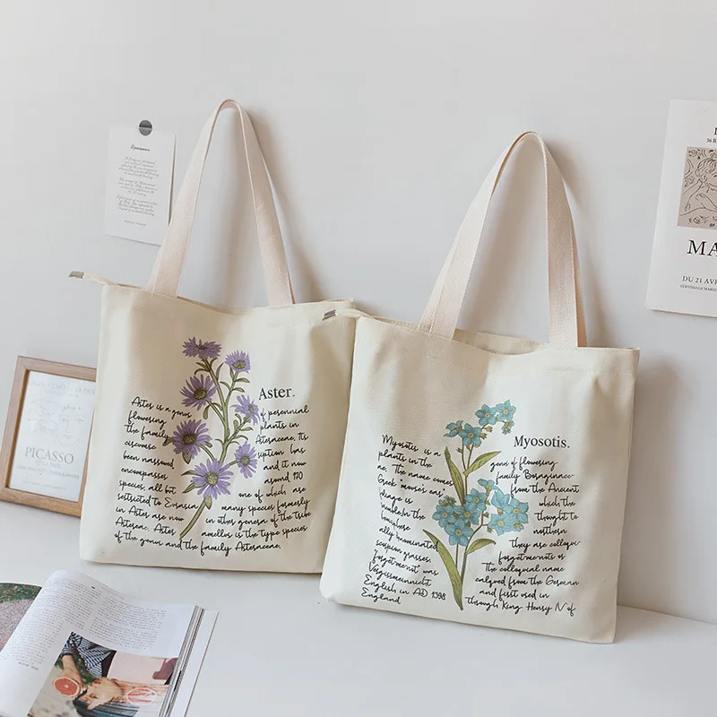 Vintage Floral Canvas Shoulder Bag Women's Eco Reusable Shopping Bags Kpop Shoulder Bag Girls Flower Vegan Graphic Handbag Tote