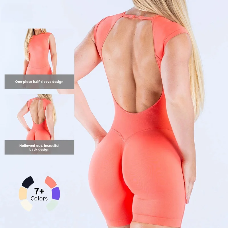 Denyf Sporty Jumpsuit For Women Short Sleeve One Piece Backless Bodysuit Scrunch Booty Activewear Gym Set Workout Sportwear