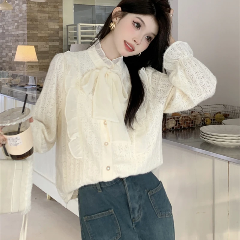 Camisa elegante de encaje de manga larga para mujer, blusa informal lisa Retro con cuello de bufanda, Tops de mariposa, blusa que combina con todo para primavera y otoño