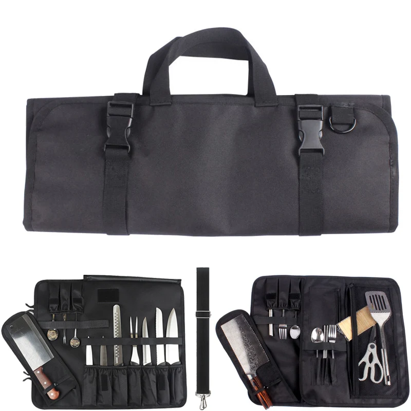 16 Slot Chef Knife Roll Bag Foldable Professional Portable Picnic Party Kitchen Knife Storage Pocket Outdoor Black Carrying Case