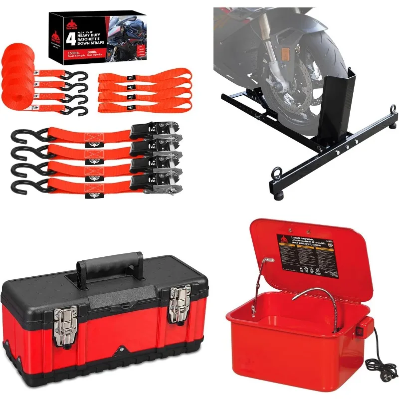 

Motorcycle Wheel Chock and 3.5 Gallon Parts Washer and Ratchet Tie Down Straps Set and 15.5- Inch Steel Tool Box
