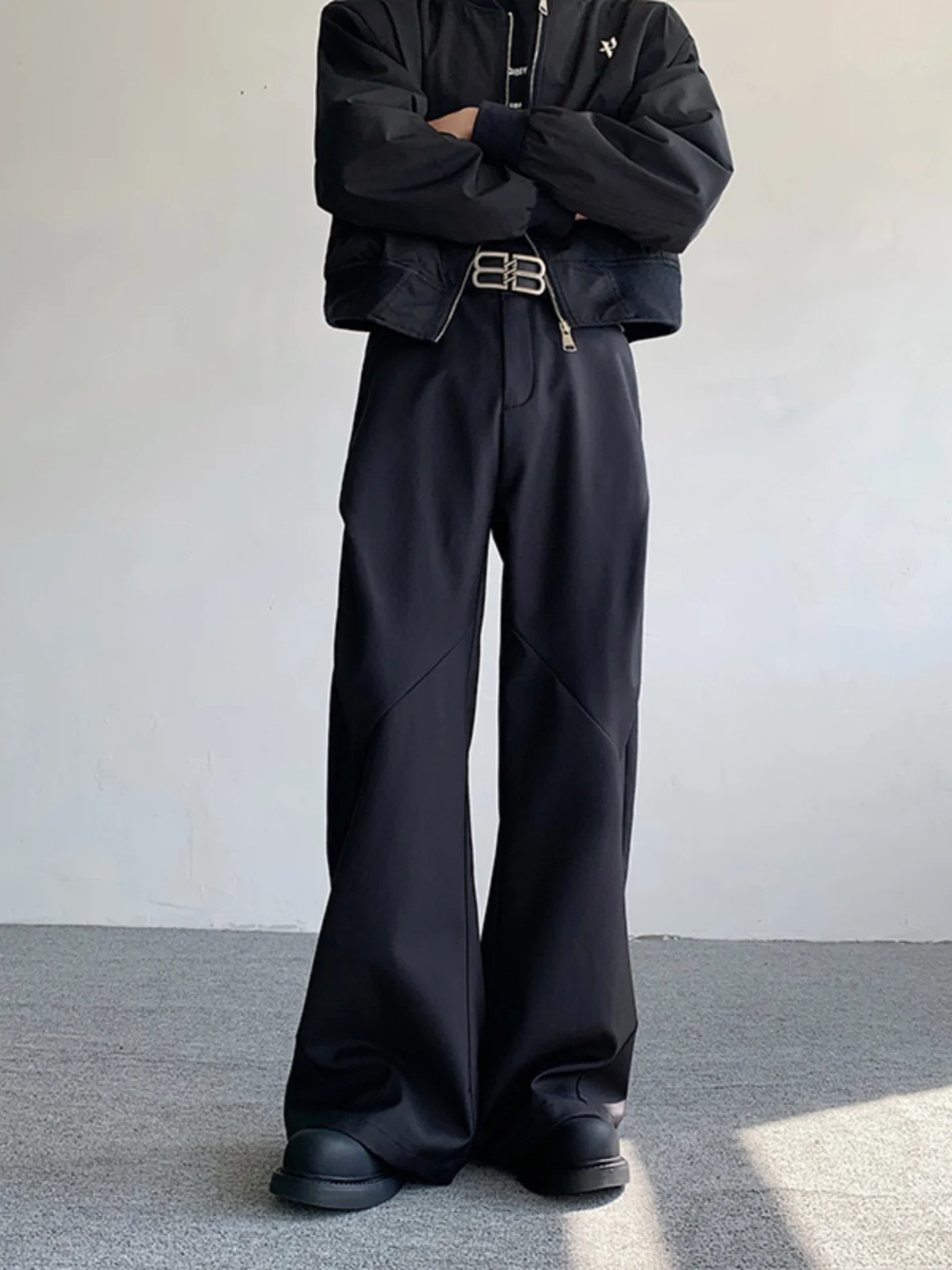 

Casual Loose Men's Wide Leg Suit Pants Diamond Pattern Pleated Trousers Faionable Lengthening Legs Effect Spring Summer
