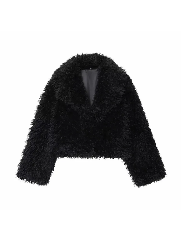 Chaqueta con efecto de piel sintética y solapa ancha para mujer, abrigo corto decorado con bolsillo y temperamento elegante, otoño 2025