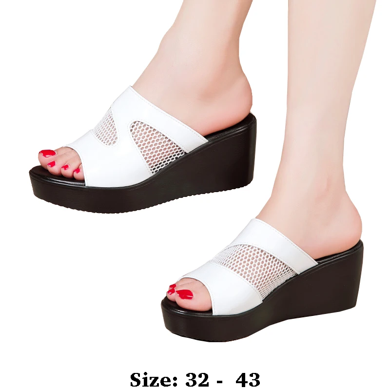 

high quality leather wedge sandals for women 6cm mid heel 2025 summer size 32 33 43 open toe elegant fashion shoe white red