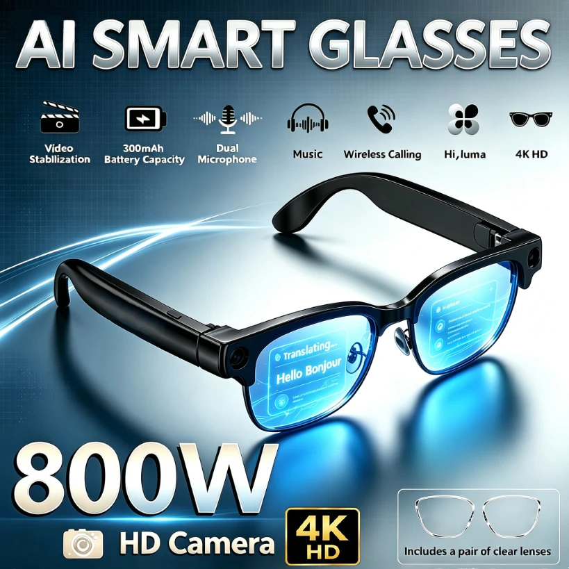 2026 4K Ultra Smart Glasses 800W Pixel Video Recording WIFI Transfer AI Photo Recognition BT Call Voice Translation Sunglasses