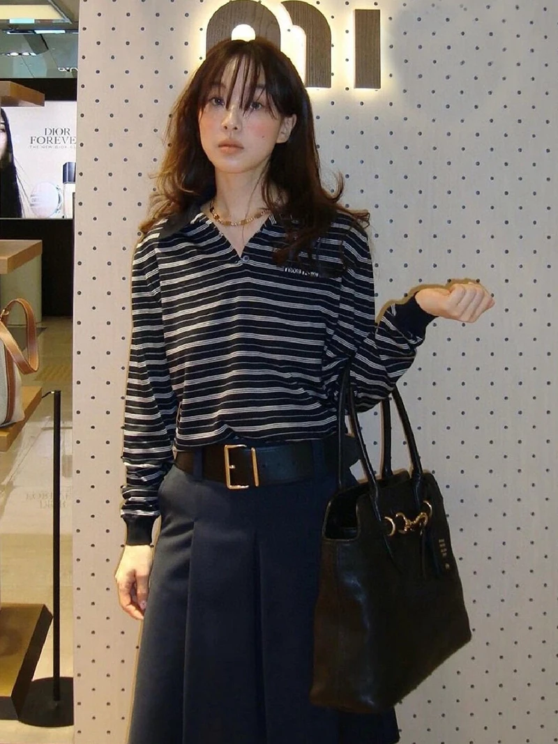 

Loose Fit Long Sleeve Shirt Striped Color Block Knitted T-Shirt Street Style Women's Fashion Autumn 2025