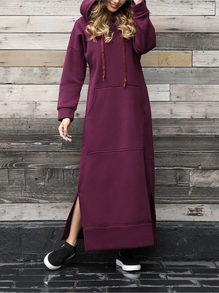 

Women Hoodies Dresses Autumn Winter Hooded Big Pocket Sweaters Dress Long Sleeve Casual Loose Street Style Dress Female Vestidos