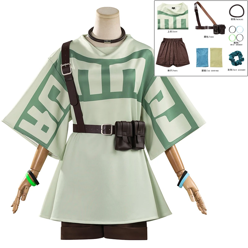 

Костюм для косплея Аниме Gachiakuta Tysark Remlin, парик, зеленая футболка, шорты, сумка, чокер, аксессуары для волос, реквизит на Хэллоуин для женщин