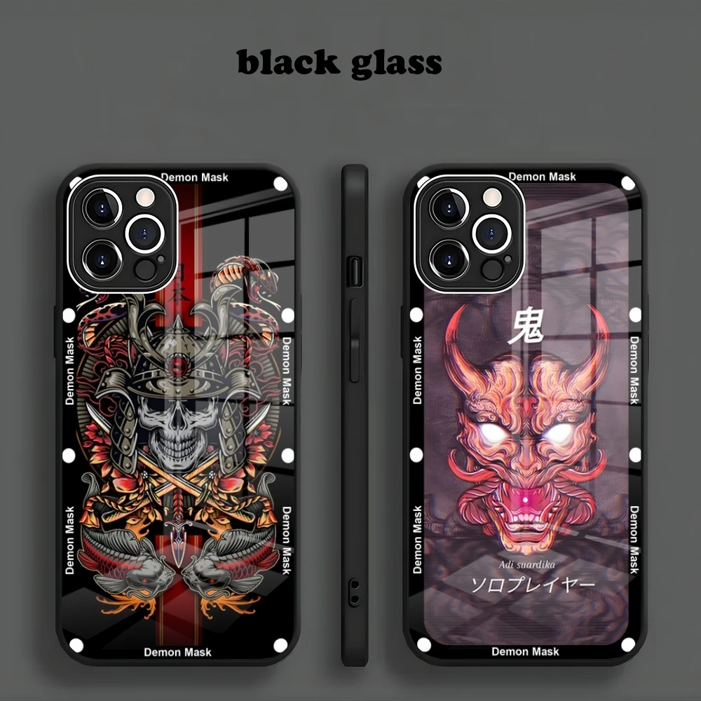 Japanese Oni Hannya Samurai Demon Mask for Iphone 15 14 13 12 11 Pro Max X XS XR 7 8 Plus Metallic Paint Glass Mobile Phone Case