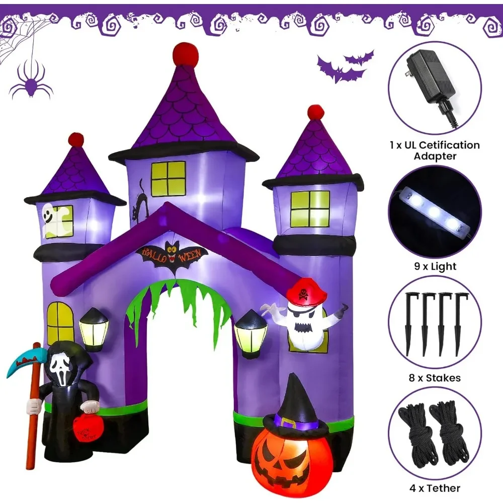 Halloween Inflatables, Giant Haunted House Castle Archway Outdoor Decorations and Inflatable with LED, Inflatables Halloween