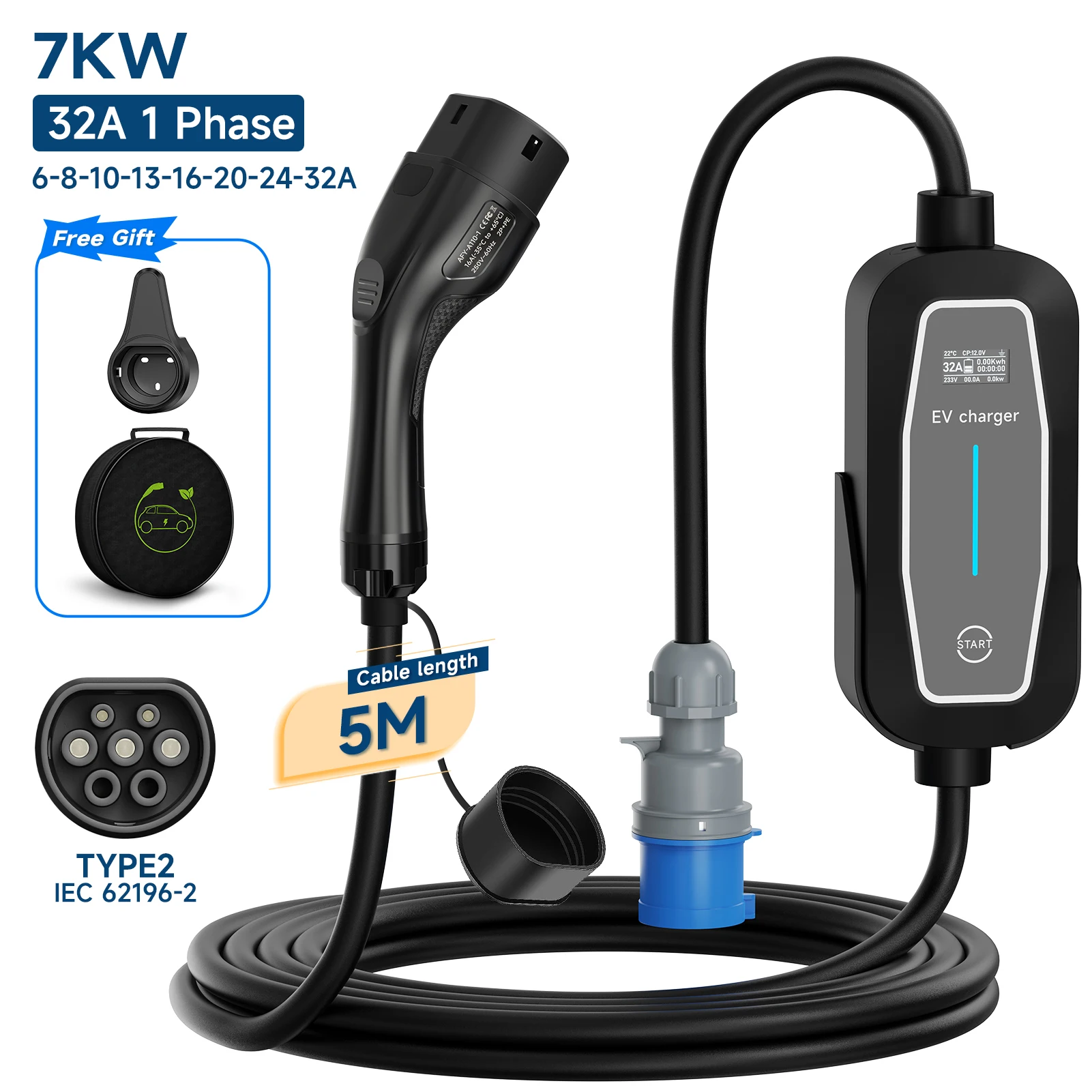 7KW 32A 1Phase Portable EV Charger Type2 Type1 GBT Electric Car Charging Cable EVSE Fast Wallbox Adjustable Current
