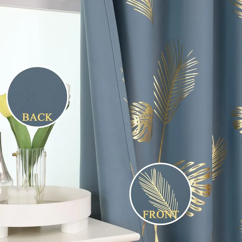 골드 팜 트리 프린트 암막 커튼, 96인치 길이, 단열, 52x96, 침실 및 거실용 2패널 세트