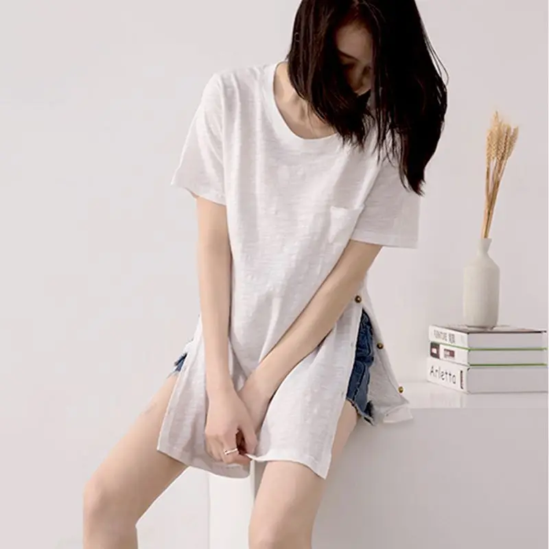 Woman's Tshirts Summer Solid Short Sleeve Loose Open Fork Buttons Fashion Woman Korean Version Top White Round neck T-Shirt