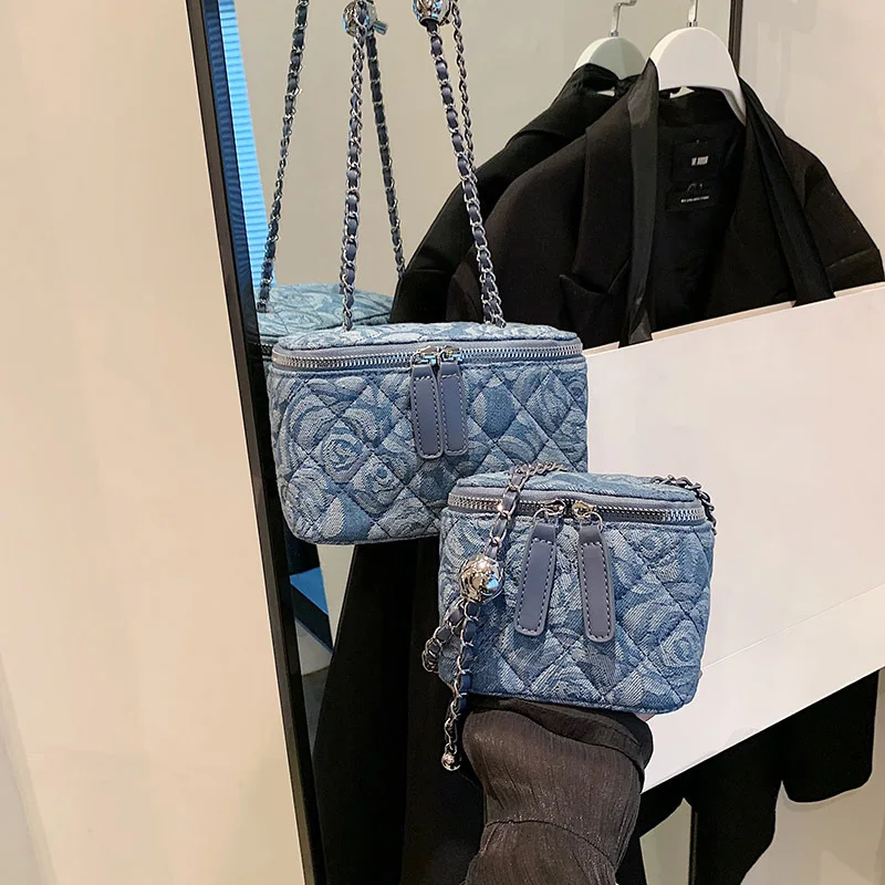 Denim Chain Mini Crossbody Bags Designer Luxury Versatile Women Shoulder Bag Flower Embroidery 2024 New High Quality Handbags