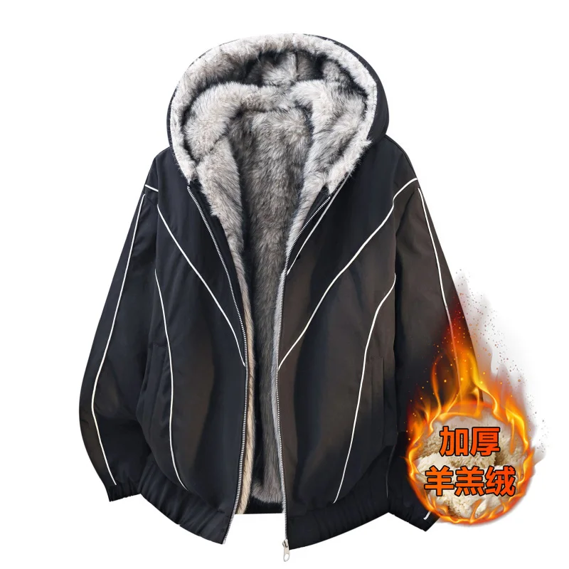 Autumn and Winter Trendy Fleece-Lined Thickened Warm Waterproof Hooded Cotton Jacket Men's Casual Loose Sports Plus Size Coat