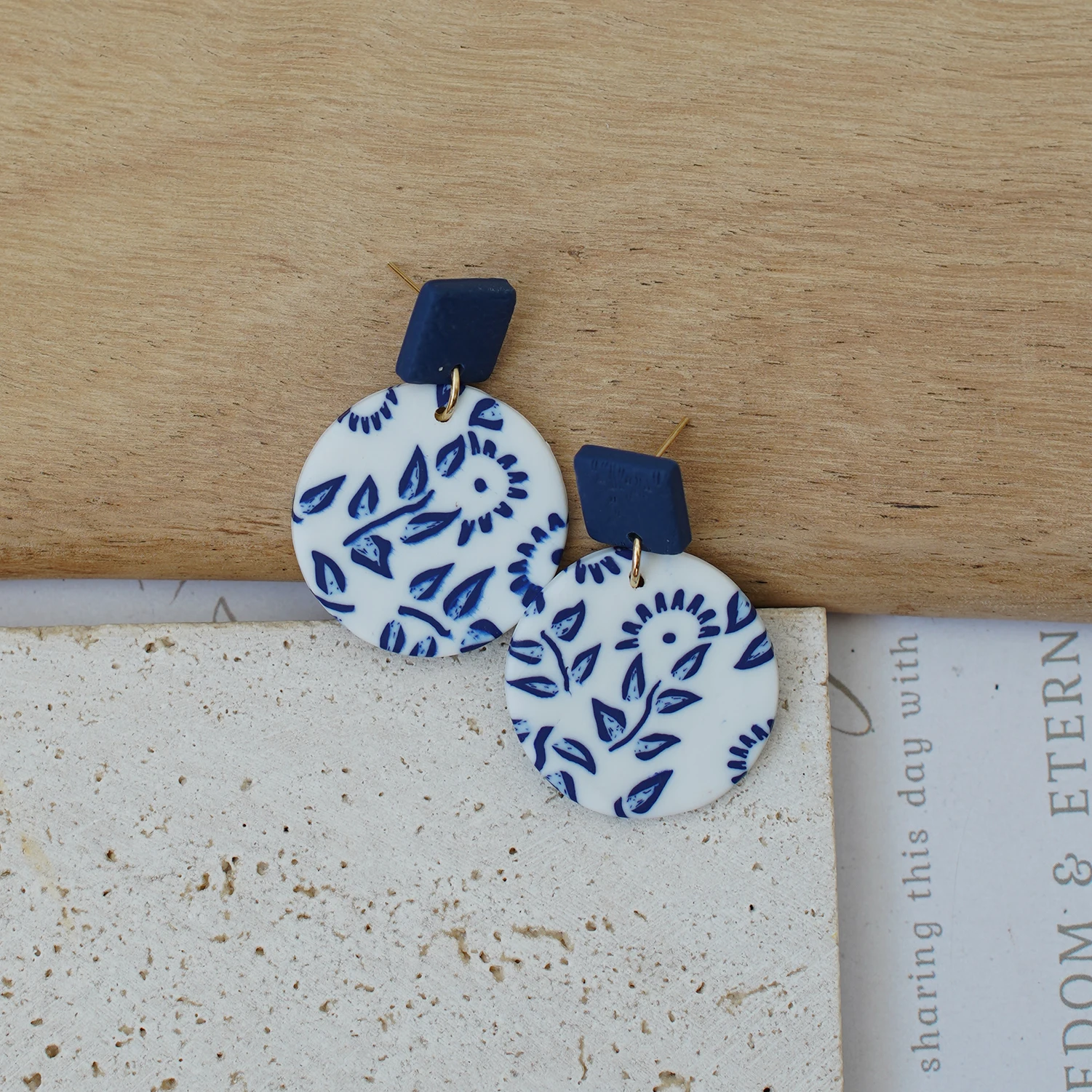 Mediterranean Style Blue Floral Clay Earrings Vintage Aesthetic White Navy Dangle Unique Artsy Tassel Fringe Jewelry Trendy Acce