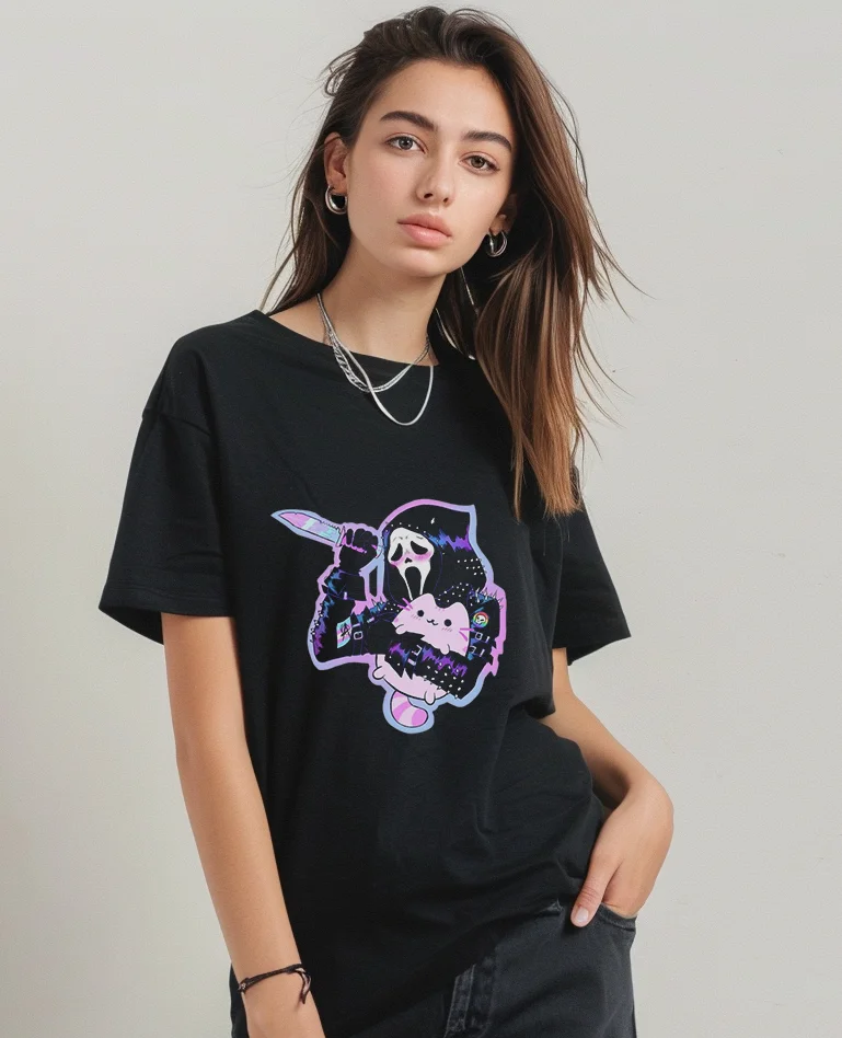 T-shirt com estampa de caveira feminina, t-shirt de manga curta, 100% algodão, dupla face, para férias, gótico, para mulher