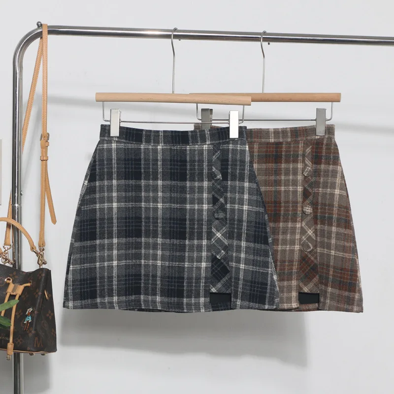 Women's Woolen Checkered Mini Skirt High Waist Irregular Hem A Line Bodycon Skirt Casual Fashion Plaid Short Half Skirt 8923