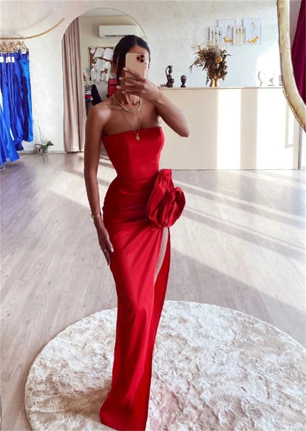 Aenyrst Red Strapless Prom Gowns Sexy Bodycon Sheath Party Dresses High Slit Flower Wedding Dress Satin فساتين سهره