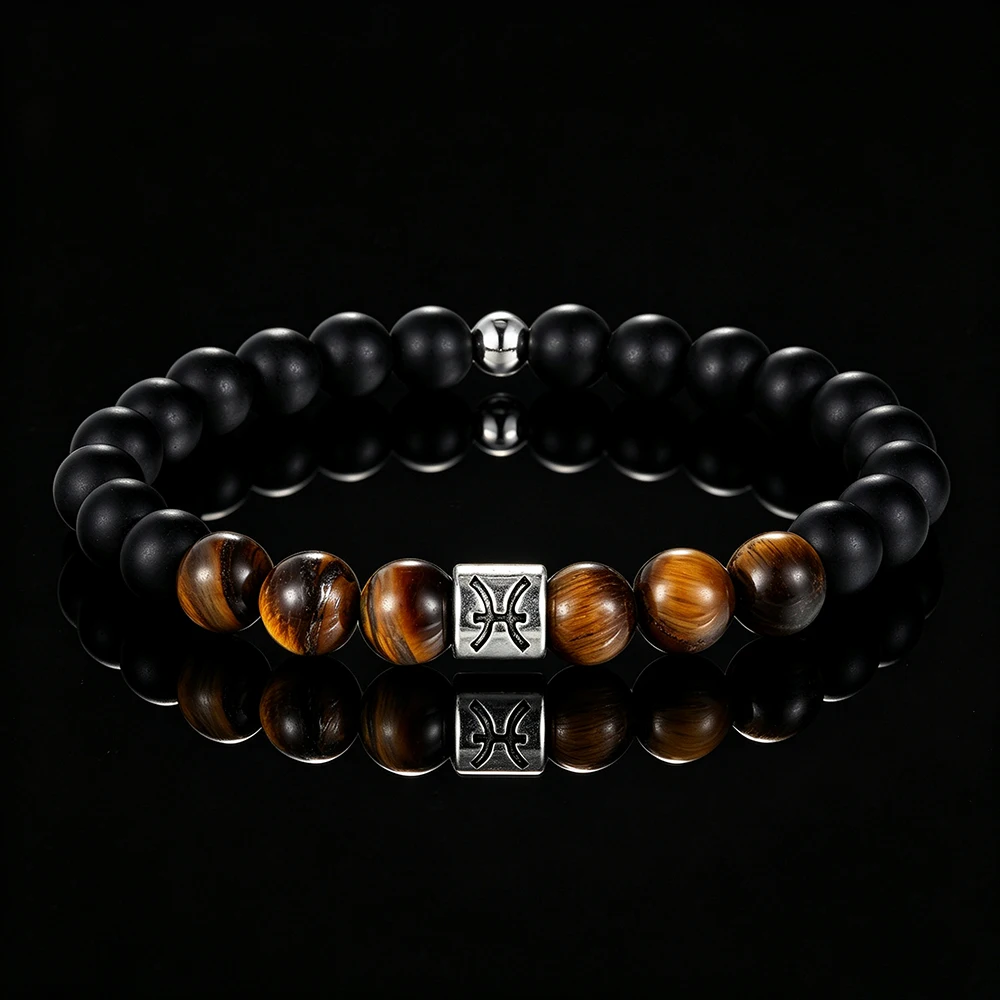 Handgefertigtes 12-Sternzeichen-Armband, elastisch, mit natürlichen Tigeraugensteinperlen, Sternzeichen-Anhänger, Unisex-Geburtstagsgeschenk für Männer und Frauen – Detail 9