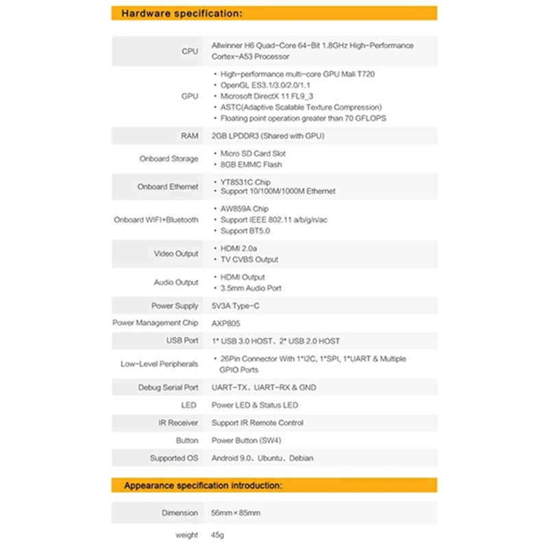 For Orange Pi 3 LTS+Case Allwinner H6 Quad-Core 2GB+8GB EMMC Flash Open Source Development Board Run Ubuntu Debian OS