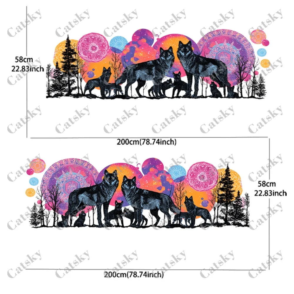 Black Wolf Pack Colorful Mandala Car Side Car Wrap, Self-Adhesive PVC Waterproof & Scratch-Resistant Sticker, Car Accessory Gift view 2