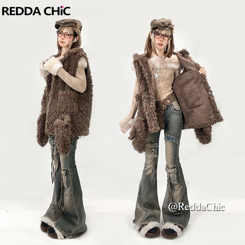 REDDACHiC Sherpa Fleece Women Sleeveless Jacket with Gloves Fuzzy Hooded Open Front Faux Fur Coat Warm Snow Winter Outerwear