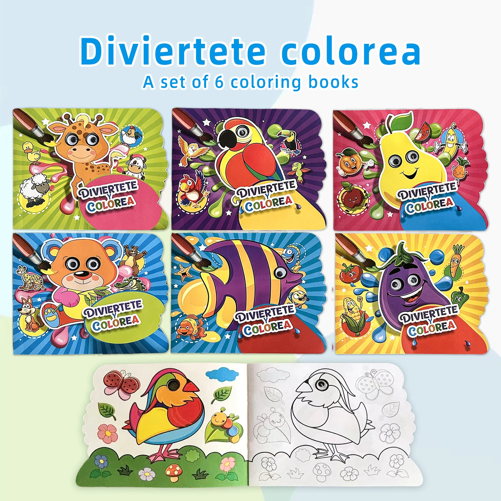 Spanisches Malbuch-Set für Kinder, 6 thematische Aktivitätsbücher für Tiere, Früchte und Gemüse mit großformatigen Seiten und glattem Papier