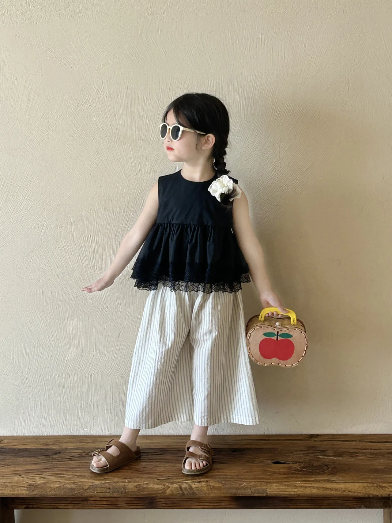 Summer Baby Girls Cotton Stylish Crop Plain Lace Shirt Top+Striped Pant Set Kids 2PCS Tracksuit Children Vacation Outfit 987 6