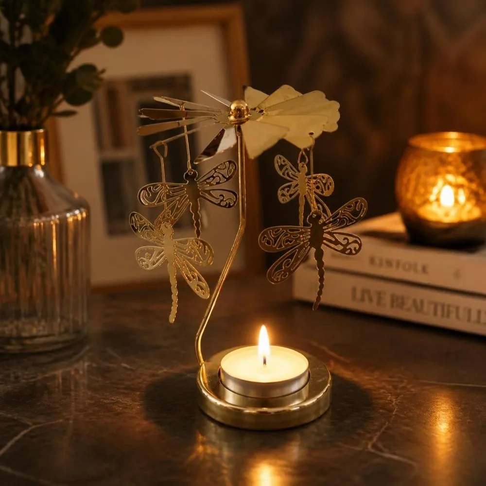 Metal Rotating Candle Holder Candlestick Ornament Golden Candle Carousel Topper Elegant Christmas Halloween Decor