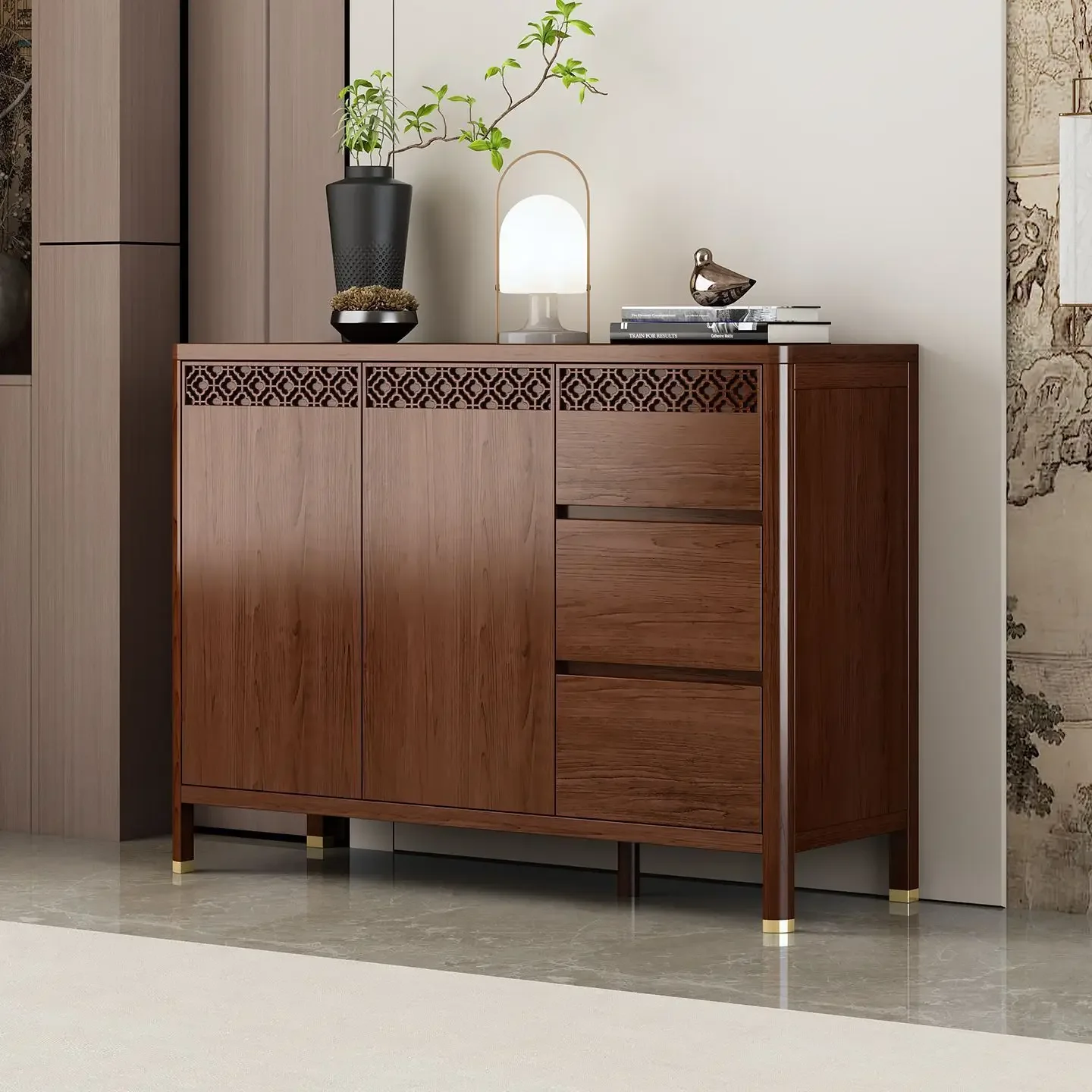 Medieval solid wood dining side cabinet against the wall integrated locker 2025 new living room storage teacabinet locker