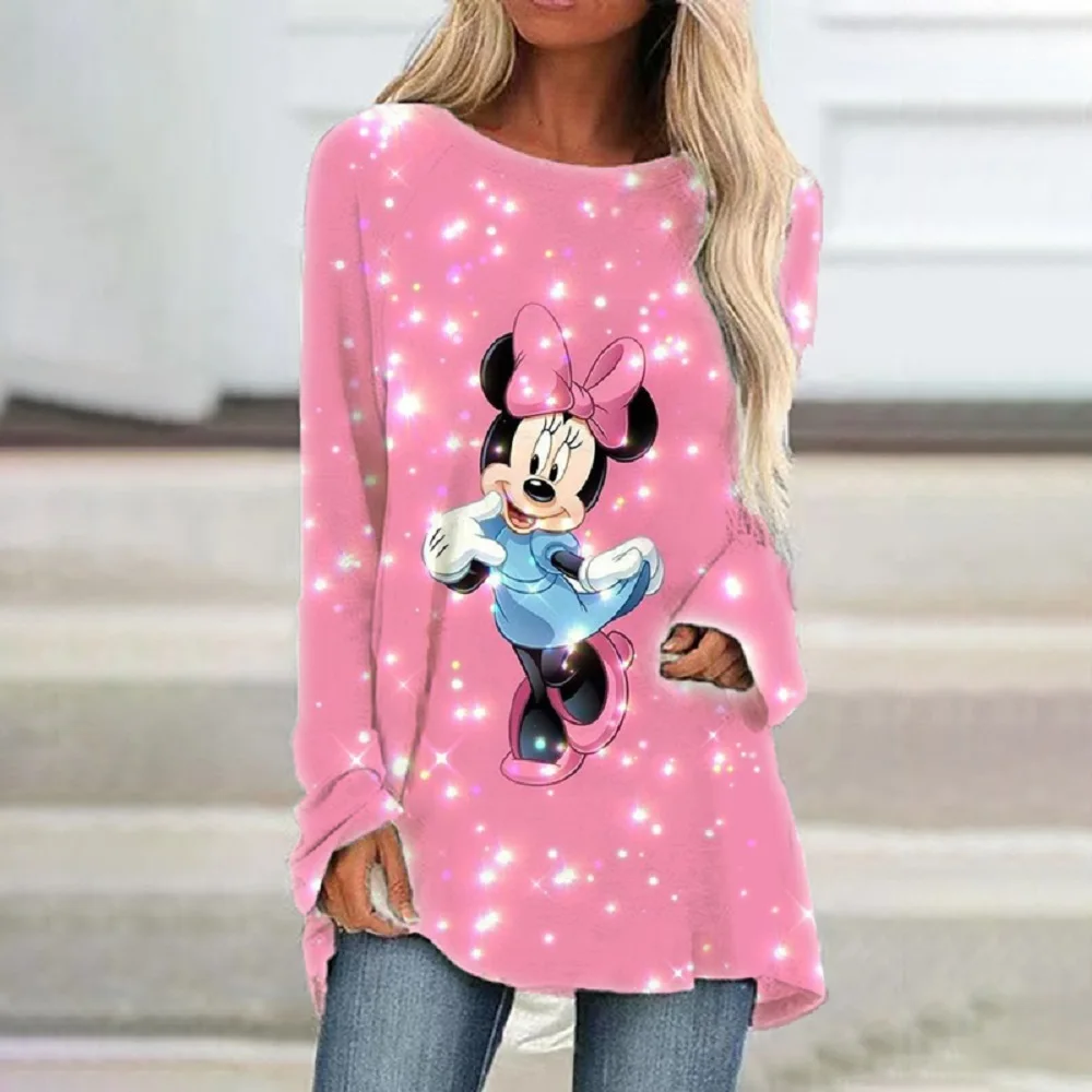 2024 New Minnie Cartoon Pattern Print Street Style Women's Autumn Round Neck Long Sleeve Pullover T-Shirt Versatile Casual Top