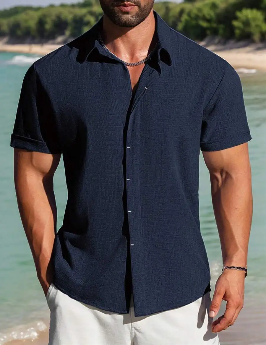 

Mens Short Sleeve Casual Linen Shirt Button Down Summer Beach Top