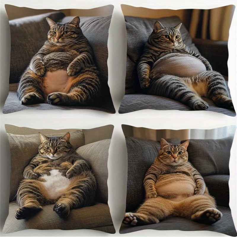 4pcs Modern Abstract Spotted Cat Design Throw Pillow Covers,for Home, Office, and Party Decor, 100% Polyester, Fat Cat Design