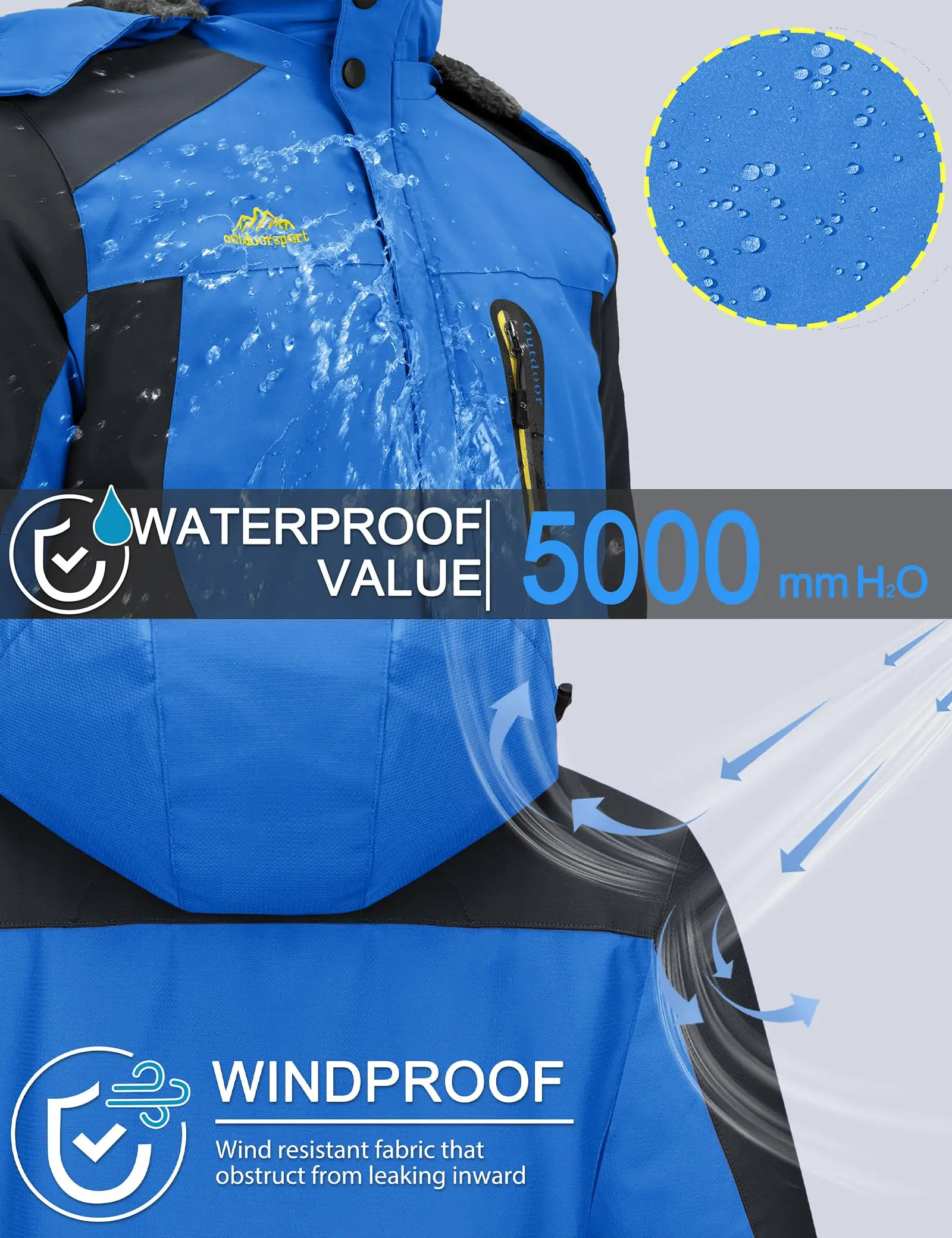 Men's Winter Jacket Waterproof Windproof Fleece Lined Parka Warm Thermal Coat with Removable Hood Outdoor Ski Snowboard Jacket