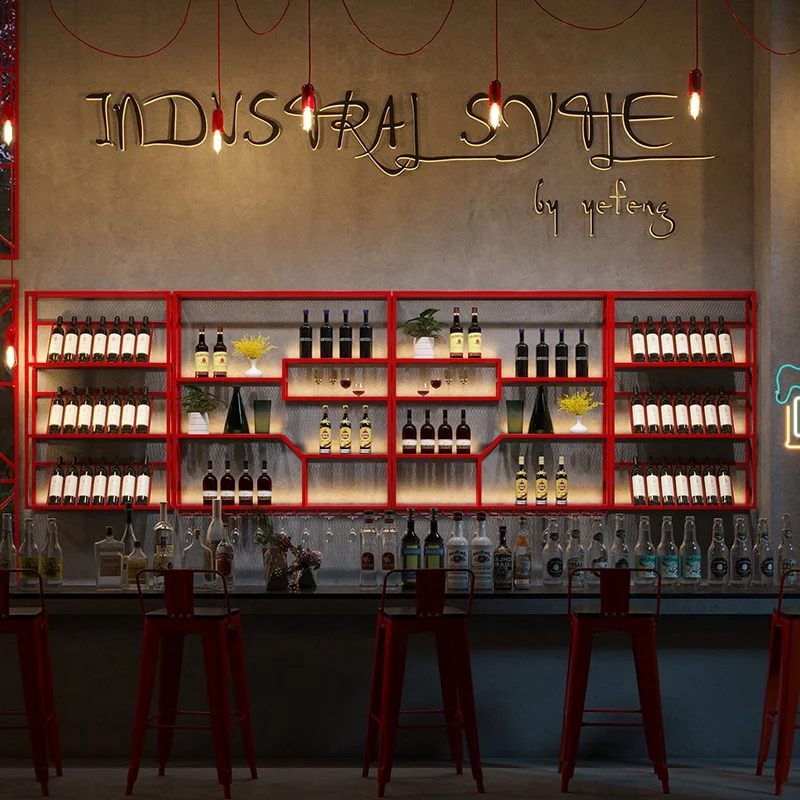 ชั้นวางไวน์ติดผนังสไตล์อินดัสเทรียล พร้อมไฟส่องสว่าง ดีไซน์สร้างสรรค์จากเหล็กดัดแกะสลัก เหมาะสำหรับร้านอาหาร บาร์ หรือสถานบันเทิง